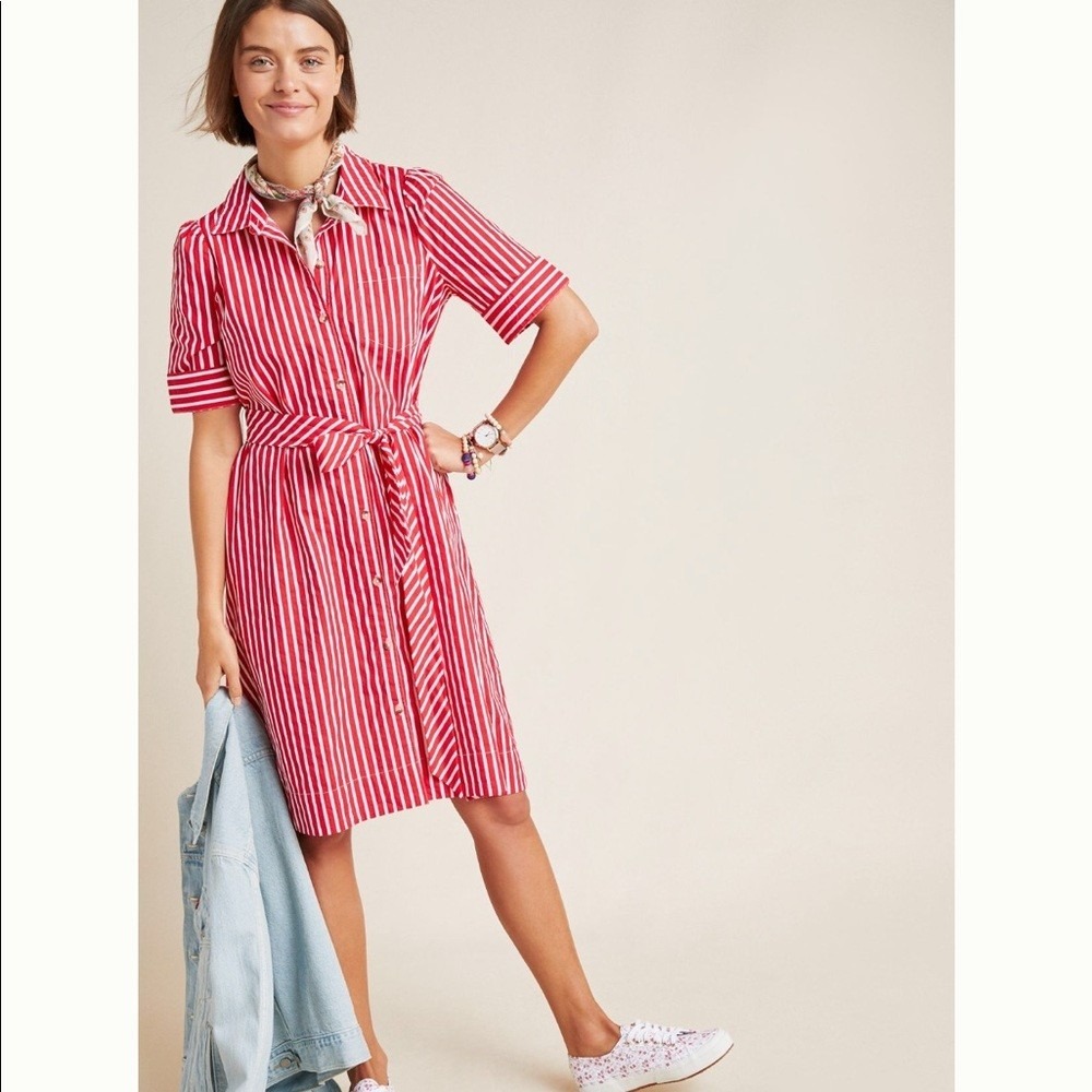 Maeve Anthropologie Red White Striped Button Front Shirt Dress Petite XS Pockets